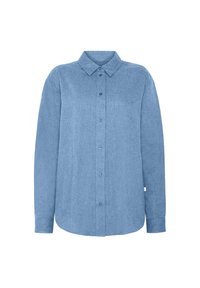 Light blue long-sleeve shirt in a solid texture, featuring a classic collar and button closure, with a slightly curved hem.