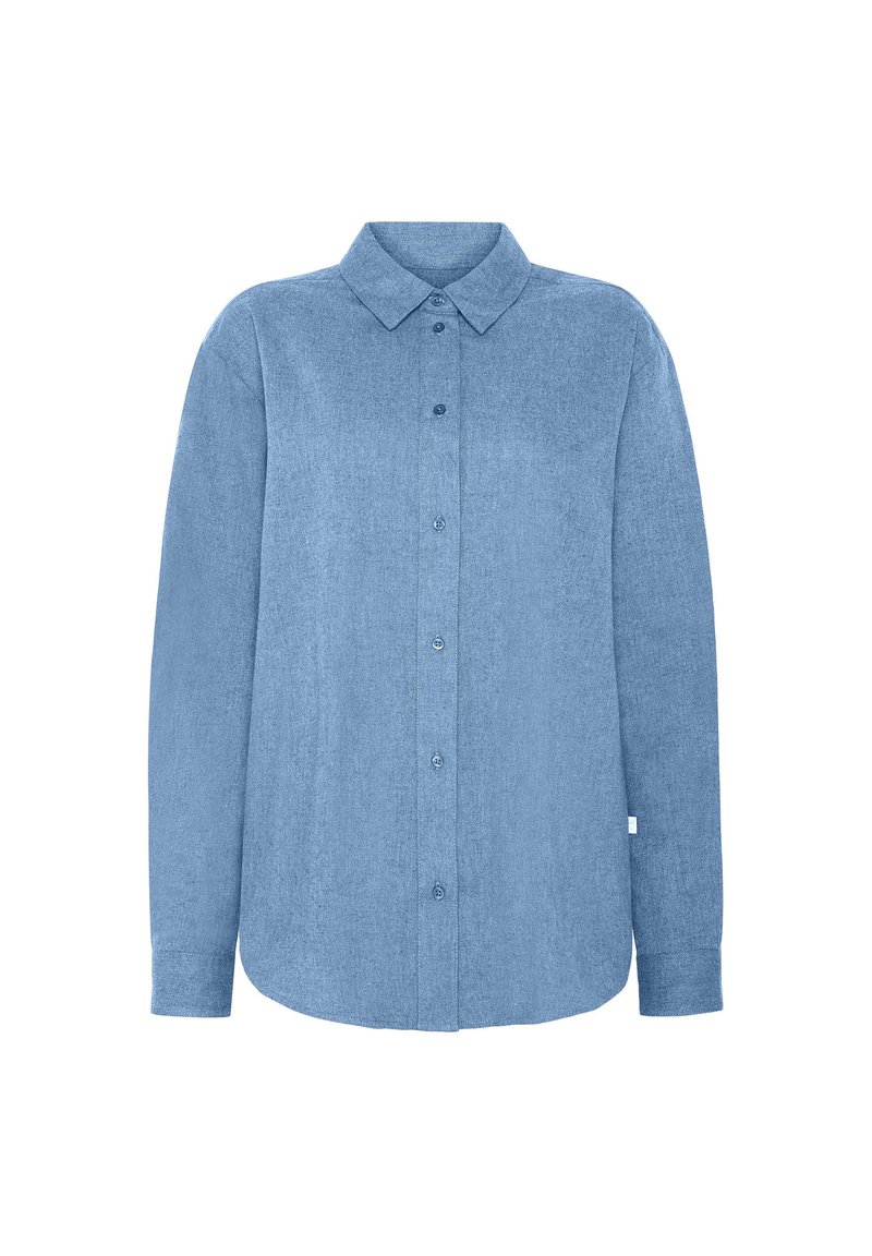 Light blue long-sleeve shirt in a solid texture, featuring a classic collar and button closure, with a slightly curved hem.