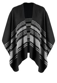 Poncho noir à ouverture devant avec larges rayures horizontales grises et noires à l'avant et à l'arrière, ourlet drapé et coupe ample.