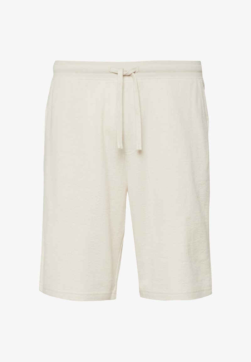 Shorts décontractés couleur crème avec une taille élastique et un cordon de serrage, dotés de poches latérales et d'une coupe arrivant au genou.