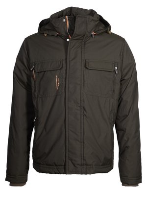 Dunkelgrüne Herren-Winterjacke mit Kapuze, Frontreißverschluss, Druckknöpfen und vier Reißverschlusstaschen.
