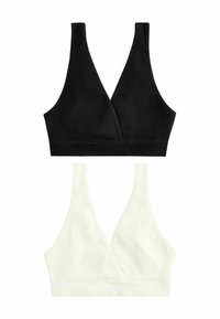 Zwarte en crèmekleurige geribbelde bralettes met een V-halsontwerp, voorzien van brede banden en een gladde textuur. Elke heeft een effen kleur en een eenvoudige constructie.