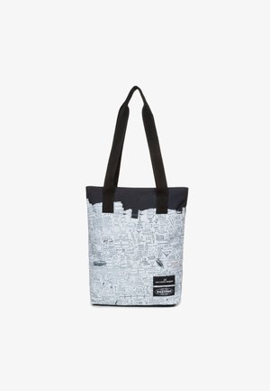 Torba na ramię w odcieniach szaro-czarnych z graficznymi rysunkami pokrywającymi przód, wyposażona w czarne uchwyty oraz naszywkę z logo na dole.