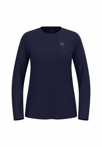 Marineblaues Langarmshirt mit Rundhalsausschnitt, aus glattem, atmungsaktivem Stoff. Mit dezentem Logo-Detail auf der oberen Brust.