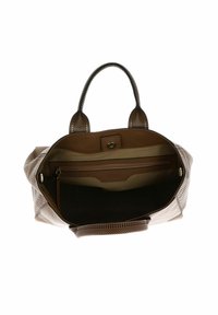 Sac à main beige texturé avec des accents marron foncé et des poignées perforées. L'intérieur comprend une poche zippée et un compartiment principal spacieux.