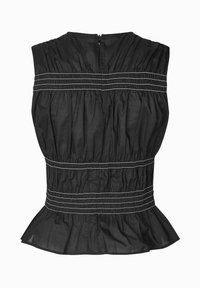 Blouse noire sans manches avec des surpiqûres blanches horizontales, tissu froncé, fermeture éclair au dos et un ourlet à volants.
