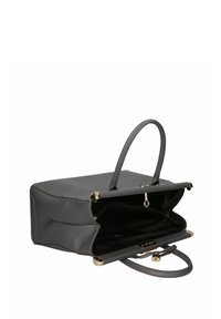 Bolso de cuero gris con una forma estructurada, doble asa superior, detalles en hardware dorado y un interior abierto con forro negro.