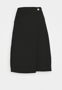Black wrap skirt with a smooth texture, featuring a single light-colored button at the waist and an asymmetrical hemline.