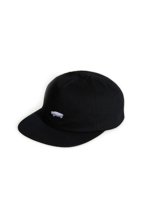 Black baseball cap with a small white embroidered skateboard logo on the front left panel, displayed on a white background.