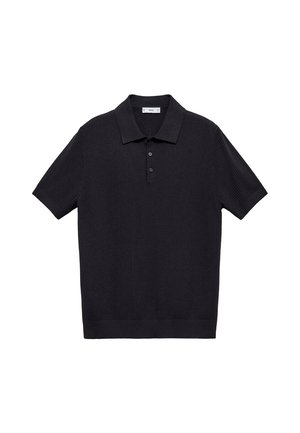 Schwarzes gestricktes Polohemd mit ribbeliger Textur, kurzen Ärmeln und einer Dreiknopf-Leiste am Kragen. Mit geradem Saum.