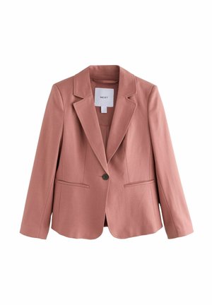 Růžový blazer s jedním knoflíkem, klopovými límci, klopovými kapsami a hladkou texturou, prezentovaný na jednobarevném pozadí.