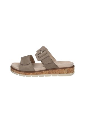 Sandal in suede grigio con cinturini larghi, dettaglio con fibbia e suola con texture in sughero. Soletta imbottita per il comfort. Design a profilo basso.