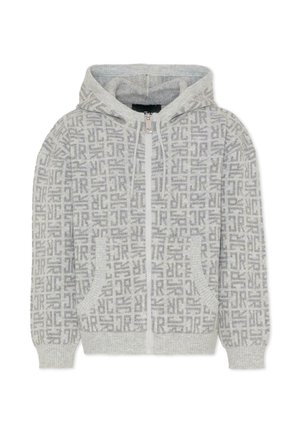 Hoodie zippé gris avec un motif texturé, poches avant, bords côtelés et capuche avec cordon de serrage. Fabriqué à partir d'un mélange de tissus doux.