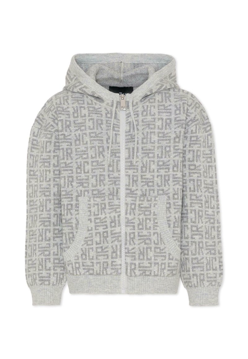 Felpa grigia con zip, caratterizzata da un motivo testurizzato, tasche frontali, bordi a coste e cappuccio con coulisse. Realizzata in un morbido misto di tessuti.