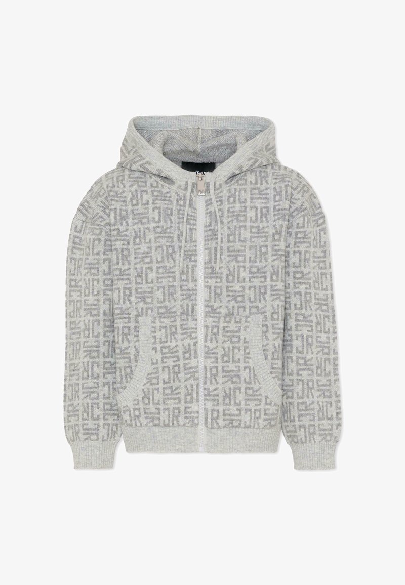 Felpa grigia con zip, caratterizzata da un motivo testurizzato, tasche frontali, bordi a coste e cappuccio con coulisse. Realizzata in un morbido misto di tessuti.