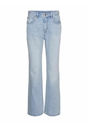 Heledad sinine teksapüksid, millel on klassikaline viie taskuga disain, kõrge vöökoht ja kerge fade. Omab nööbikeeramist ja vöökumme.