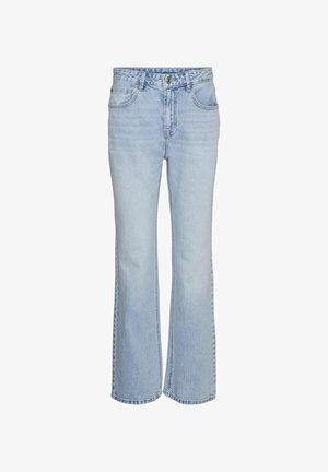 Heledad sinine teksapüksid, millel on klassikaline viie taskuga disain, kõrge vöökoht ja kerge fade. Omab nööbikeeramist ja vöökumme.