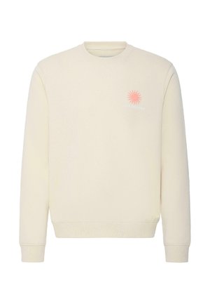 Sweat-shirt écru à col rond avec manches longues et petit graphique de soleil rose avec le texte "Sun Seeker" sur la poitrine gauche.