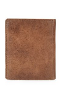 Billetera de cuero marrón con una superficie texturizada, forma cuadrada y costuras en contraste a lo largo de los bordes. Sin hardware o acentos visibles.