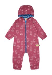 Roze overall voor kinderen met witte uil prints. Kenmerken zijn een blauwe rits en capuchon, elastische manchetten en een gestreepte voering. Zachte stof.