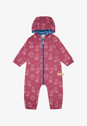 Roze overall voor kinderen met witte uil prints. Kenmerken zijn een blauwe rits en capuchon, elastische manchetten en een gestreepte voering. Zachte stof.