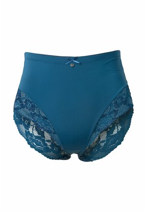 Zeleno-modré vysoké kalhotky s krajkovými bočními panely, zdobené malou dekorační mašličkou a kovovým doplňkem vpředu. Hladká, pružná tkanina.