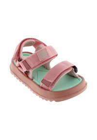Sandal de tiras rosa con cierres ajustables de Velcro, suela de goma y plantilla verde menta. Presenta tiras texturizadas y un diseño resistente.
