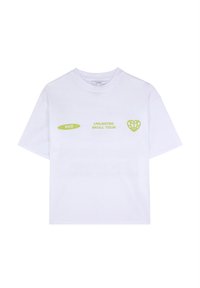 Witte katoenen t-shirt met korte mouwen, ronde halslijn en neon groene bedrukte tekst: "SVQ UNLIMITED SKULL TOUR" en een hartontwerp.
