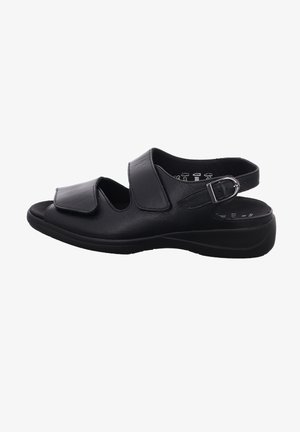 Black leather sandal featuring two adjustable straps, an open toe design, and a cushioned sole for comfort. Lightweight and flexible structure.