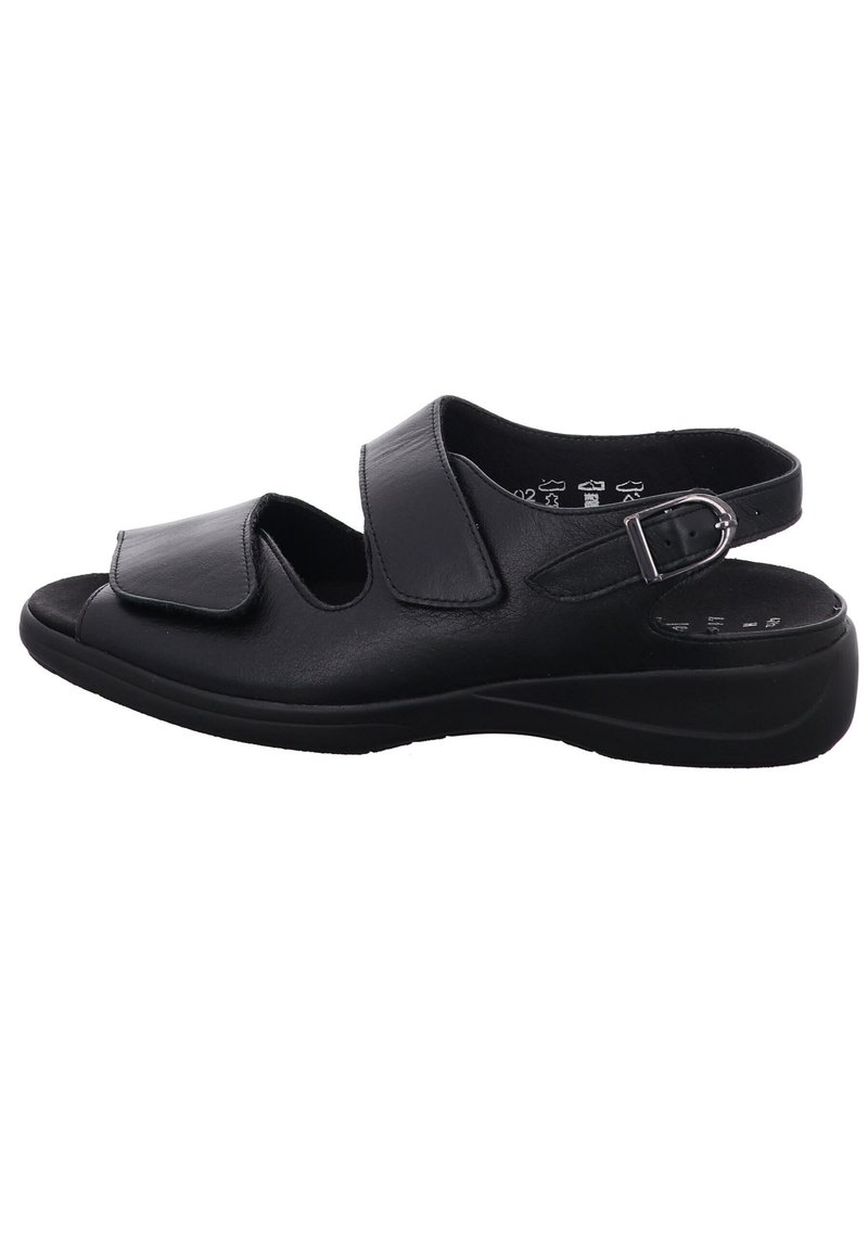 Black leather sandal featuring two adjustable straps, an open toe design, and a cushioned sole for comfort. Lightweight and flexible structure.