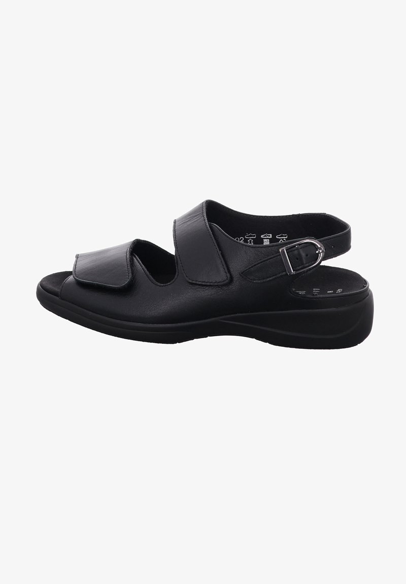 Black leather sandal featuring two adjustable straps, an open toe design, and a cushioned sole for comfort. Lightweight and flexible structure.