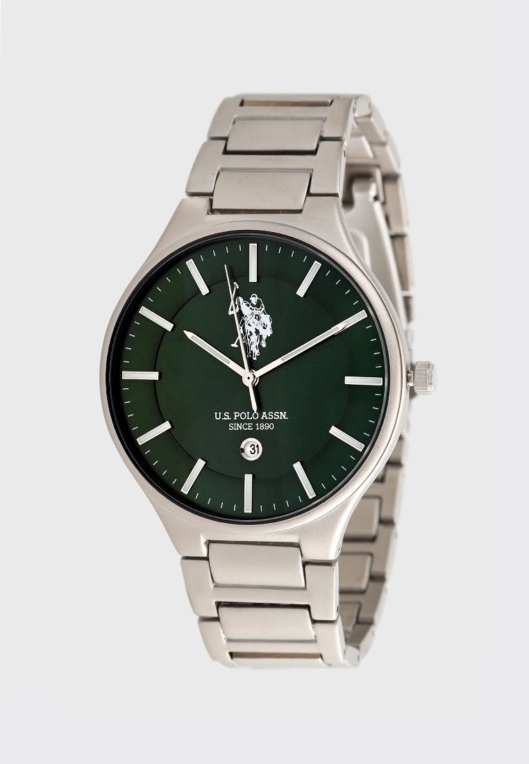 Silberne Metallarmbanduhr mit dunkelgrünem Zifferblatt, silbernen Stundenmarkierungen, weißem Polospieler-Logo und Datumsanzeige auf der 6-Uhr-Position.