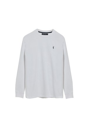 T-shirt bianco a maniche lunghe in cotone, con colletto girocollo e un piccolo logo nero sul lato sinistro del petto. Texture liscia.