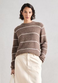 Braun gestreifter Pullover aus weichem, flauschigem Material mit weißen horizontalen Streifen. Hat einen runden Ausschnitt und gerippte Bündchen, kombiniert mit einem hellen Rock.