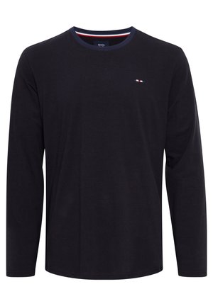 Navy long-sleeve T-shirt made of cotton. Features a crew neck with red and white stripes, and a small multicolored logo on the chest.