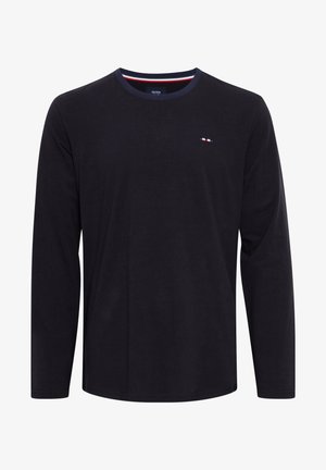 Námornícka dlhá mikina z bavlny. Má okrúhly výstrih s červenými a bielymi pruhmi a malým viacfarebným logom na hrudi.