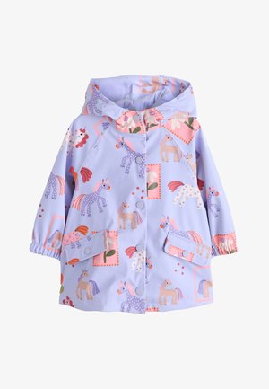 Kinder lavendelkleurige regenjas met kleurrijke eenhoorn- en bloemenpatronen, capuchon, drukknoopsluiting, elastische manchetten en voorzakken met klep.