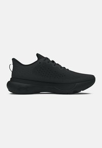 Black athletic shoes with a textured mesh upper, reinforcing accents, and a cushioned sole. Lightweight design with a streamlined silhouette.