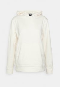 Felpa con cappuccio di colore bianco sporco, maniche lunghe, tasca a marsupio frontale e logo discreto nella zona sinistra del petto.