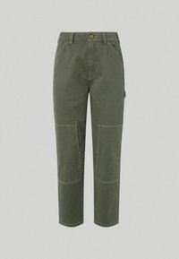 Pantalon droit vert olive avec genouillères, fermeture avant à boutons et fermeture éclair, passants pour ceinture et poches latérales.