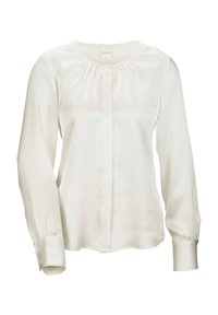 Witte blouse met lange mouwen van lichtgewicht, gladde stof. Heeft een rimpelnek en knoopmanchetten. Aanpassing met een subtiele glans.