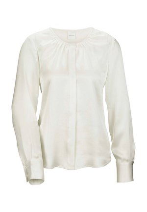 Weiße Bluse mit langen Ärmeln aus leichtem, glattem Stoff. Mit gerafftem Ausschnitt und geknöpften Manschetten. Taillierte Passform mit einem dezenten Glanz.