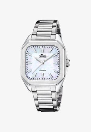 Kwadratowy srebrny zegarek kwarcowy z tarczą z masy perłowej, srebrnymi znacznikami i stalową bransoletą. Posiada minimalistyczny design logo.