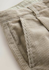Beige corduroy pants with vertical ribbing, featuring a stitched waistband and pleated front. The texture is soft and inviting.