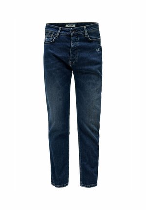Donkerblauwe denim jeans met een rechte snit, voorzien van subtiele slijtage, vijf zakken en een klassieke knoopsluiting.