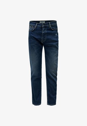 Temno modri džins hlače s ravnim krojem, z diskretnimi obrabljenostmi, petimi žepi in klasičnim zapiranjem na gumb.