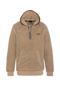 Beiger Fleece-Pullover mit halbem Reißverschluss am Hals, Kordelzugkapuze, Kängurutasche und Markenlogo auf der Brust. Weicher, strukturierter Abschluss.