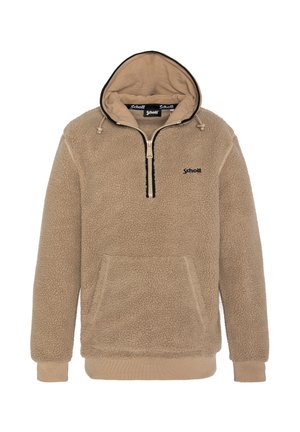 Beige fleece pullover med halvlukket hals, snoretræk i hætten, kængurulomme og brændet logo på brystet. Blød, struktureret overflade.