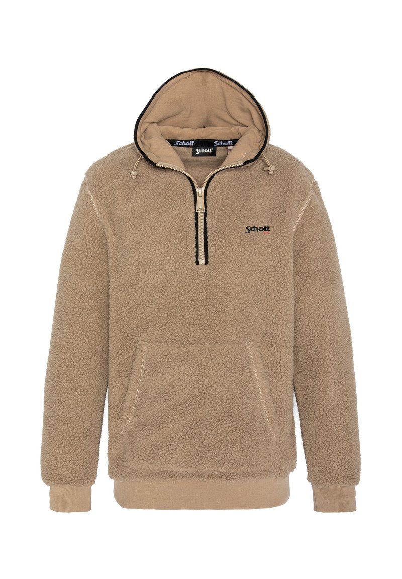 Beiger Fleece-Pullover mit halbem Reißverschluss am Hals, Kordelzugkapuze, Kängurutasche und Markenlogo auf der Brust. Weicher, strukturierter Abschluss.