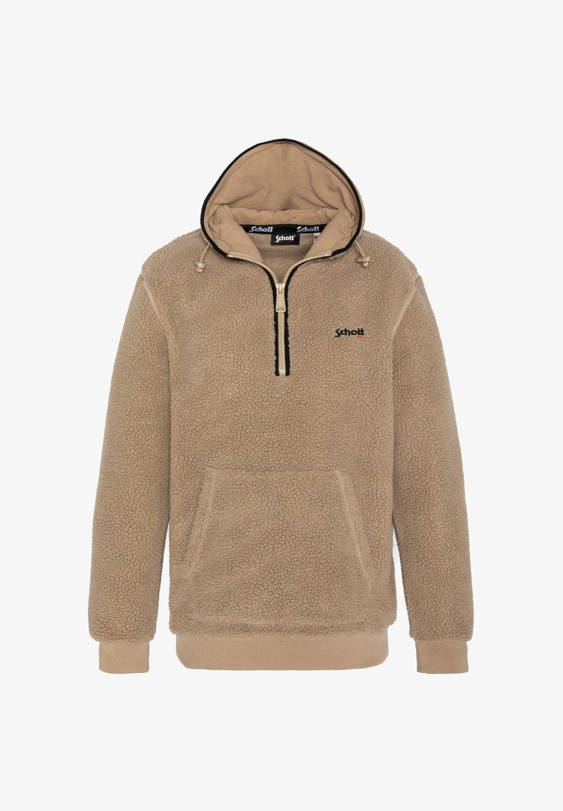 Beiger Fleece-Pullover mit halbem Reißverschluss am Hals, Kordelzugkapuze, Kängurutasche und Markenlogo auf der Brust. Weicher, strukturierter Abschluss.